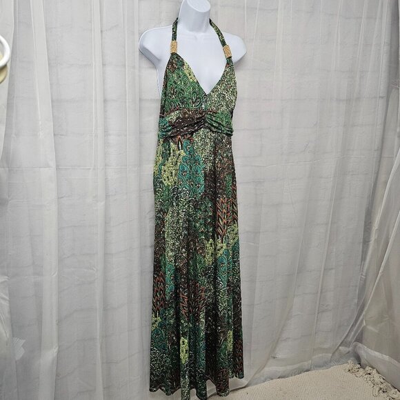 Claudia Richard Green Brown Retro Maxi Dress Halter Beaded Hippie Festival L - Picture 5 of 12
